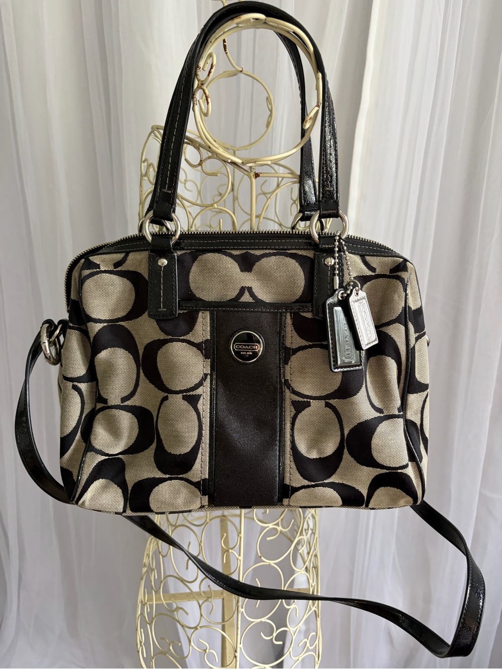 Coach Black and Khaki Signature Canvas Satchel with Leather Trim